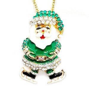 Green SANTA Claus on Skates Christmas Pendant Necklace